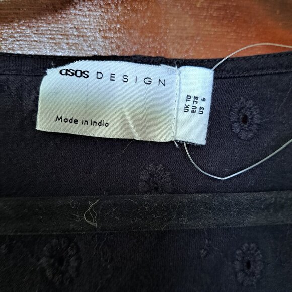 ASOS DESIGN Black Eyelet Short Sleeve Mini Tea Dress – Size UK 10 / EU 38 / US 6 - Picture 7 of 8